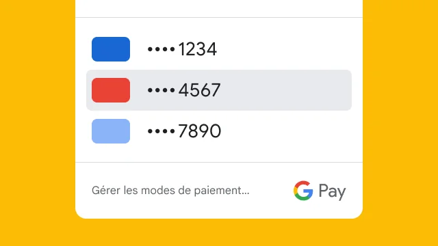 Pour des raisons de sécurité, Google Pay n'affiche que les quatre derniers chiffres de trois cartes de crédit.